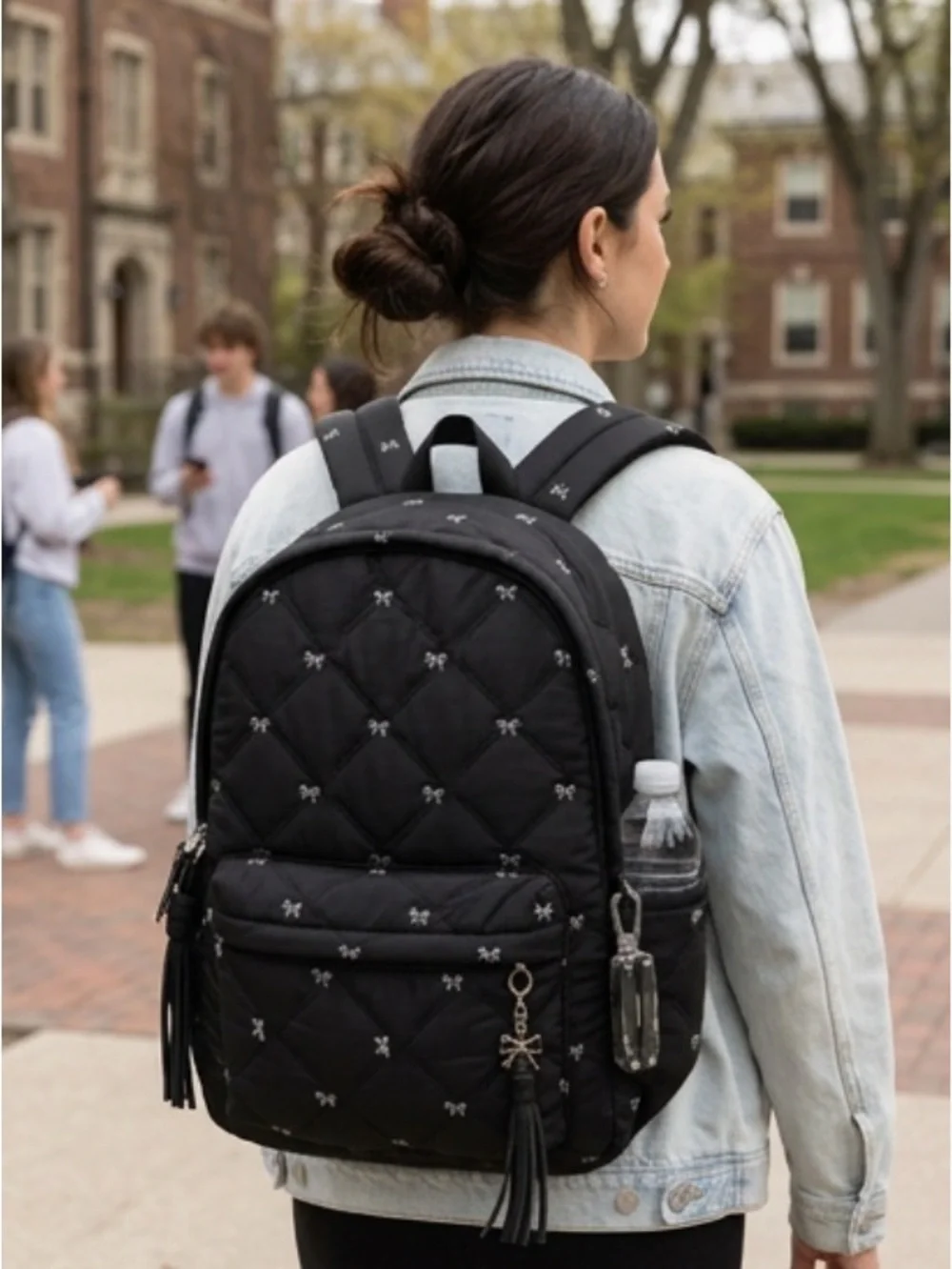 Quilted Black Backpack with Tiny Bow Embroidery